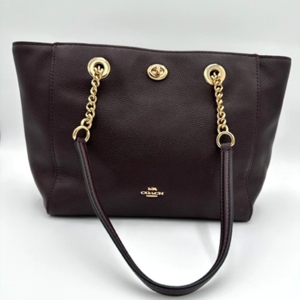 Coach Wine Pebble Leather with Gold Chain Strap, Turn Lock Tote, Gently Used